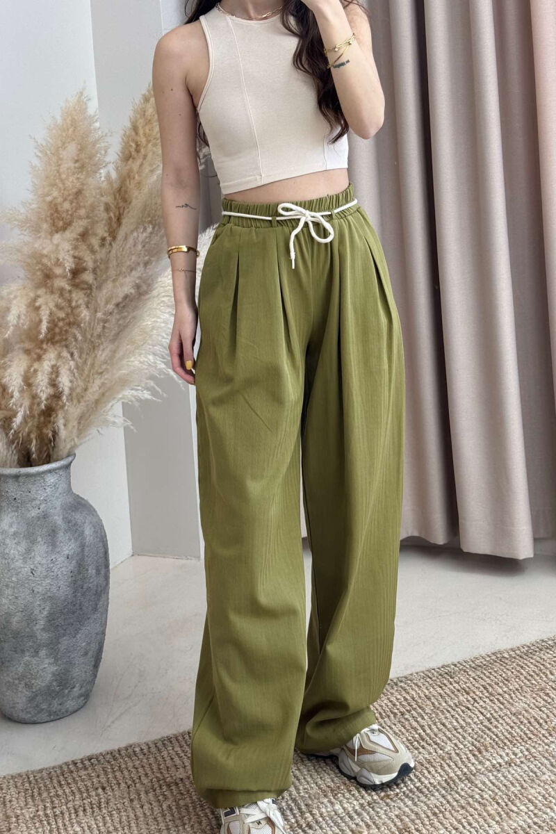 ONE COLOR ELASTIC LACING WAIST WOMEN TROUSERS OLIVE/ULLI - 5