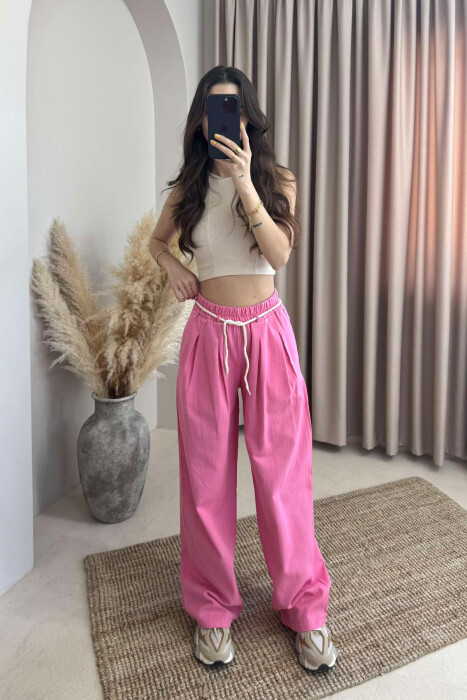 ONE COLOR ELASTIC LACING WAIST WOMEN TROUSERS PINK/ROZE 