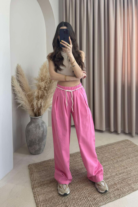 ONE COLOR ELASTIC LACING WAIST WOMEN TROUSERS PINK/ROZE - 2