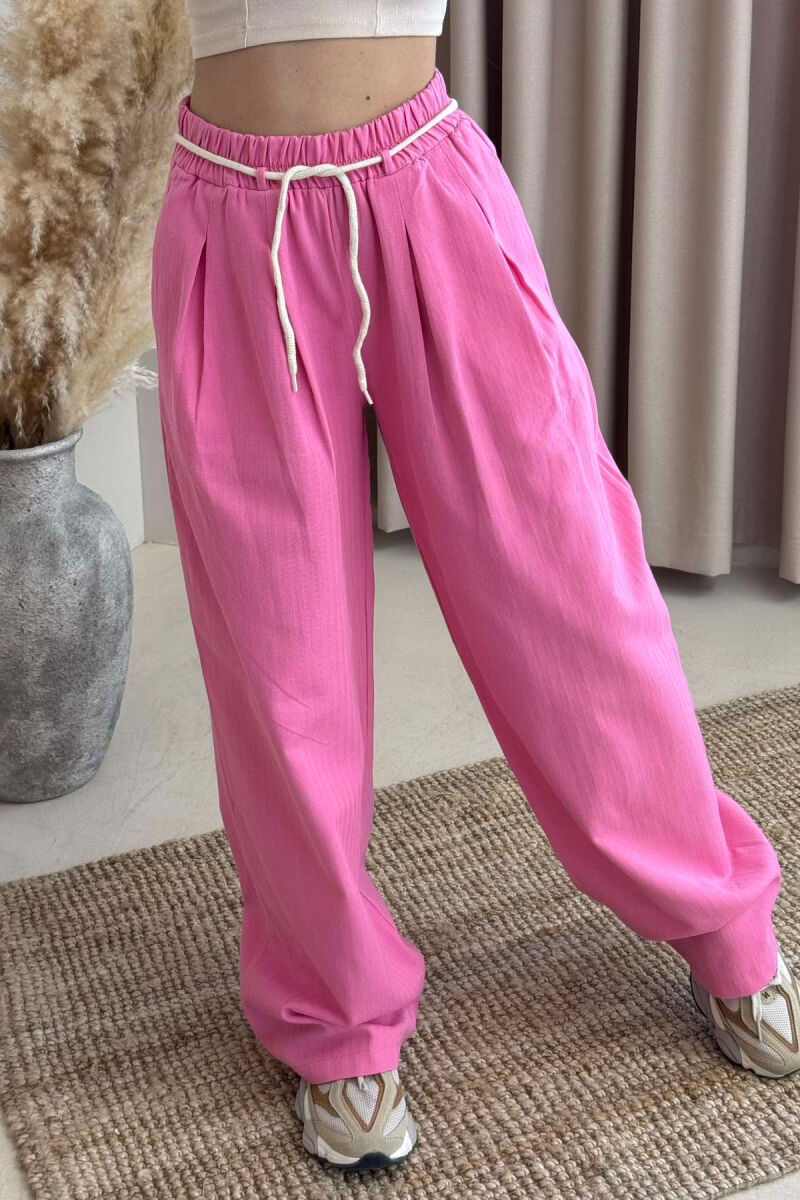 ONE COLOR ELASTIC LACING WAIST WOMEN TROUSERS PINK/ROZE - 3