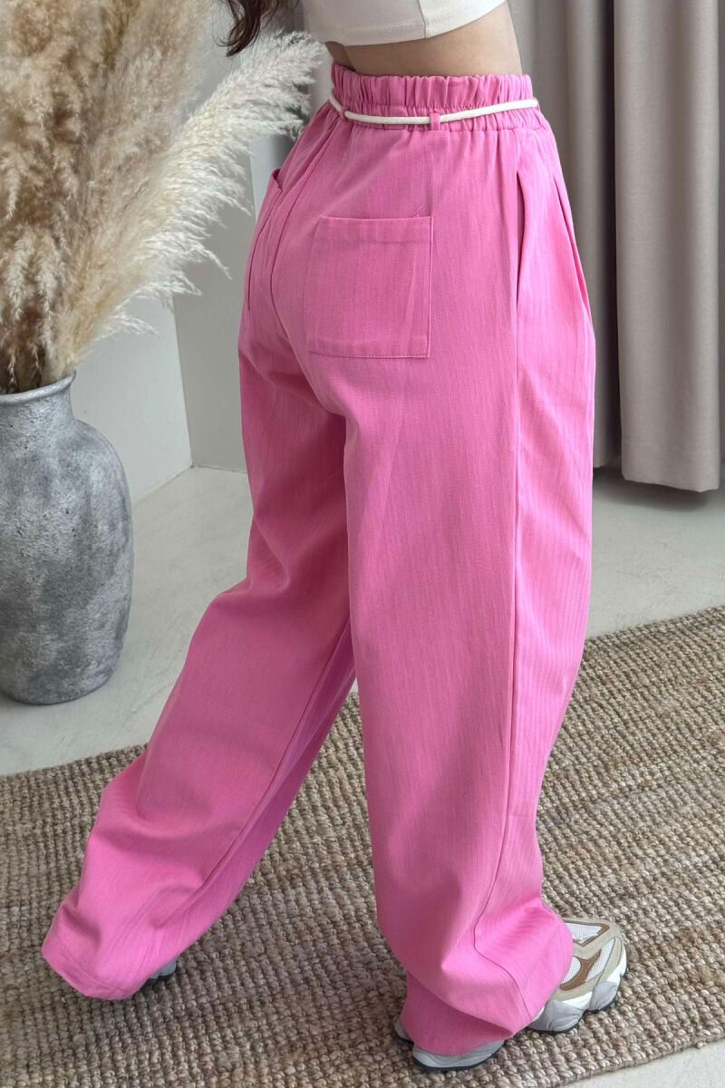 ONE COLOR ELASTIC LACING WAIST WOMEN TROUSERS PINK/ROZE - 4