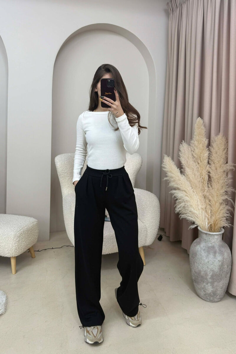 ONE COLOR ELASTIC WAIST LACINGS WOMEN SWEATPANTS BLACK/ E ZEZE - 1