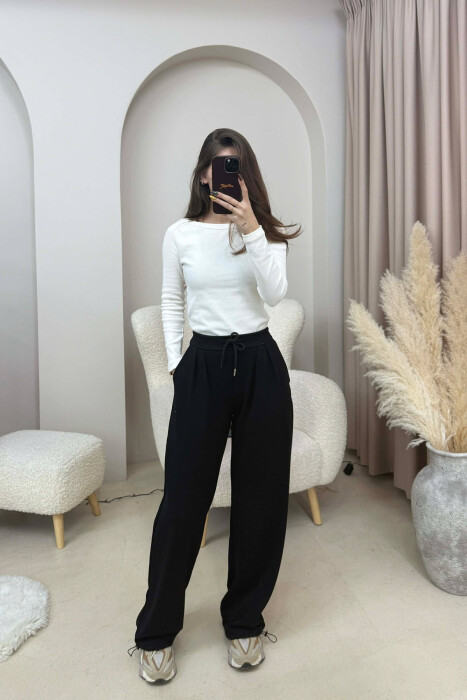 ONE COLOR ELASTIC WAIST LACINGS WOMEN SWEATPANTS BLACK/ E ZEZE - 2