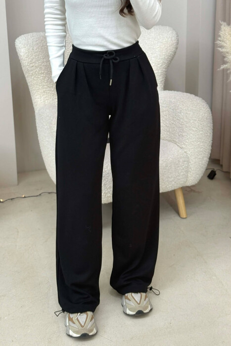 ONE COLOR ELASTIC WAIST LACINGS WOMEN SWEATPANTS BLACK/ E ZEZE - 4