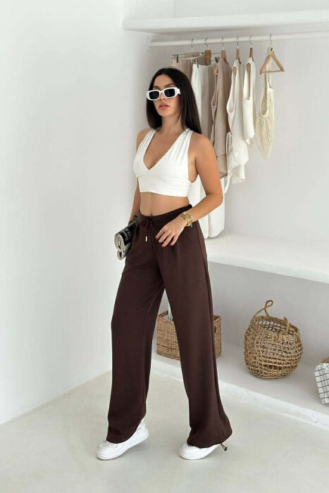 ONE COLOR ELASTIC WAIST LACINGS WOMEN SWEATPANTS BROWN/KAFE - KLAUDIO FASHION