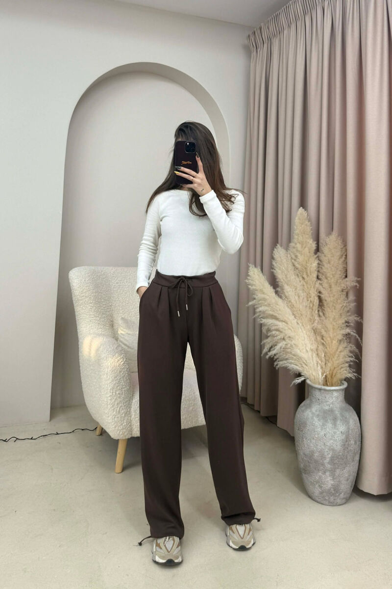 ONE COLOR ELASTIC WAIST LACINGS WOMEN SWEATPANTS BROWN/KAFE - 2