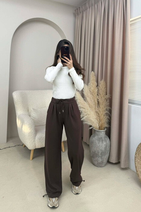 ONE COLOR ELASTIC WAIST LACINGS WOMEN SWEATPANTS BROWN/KAFE - 1