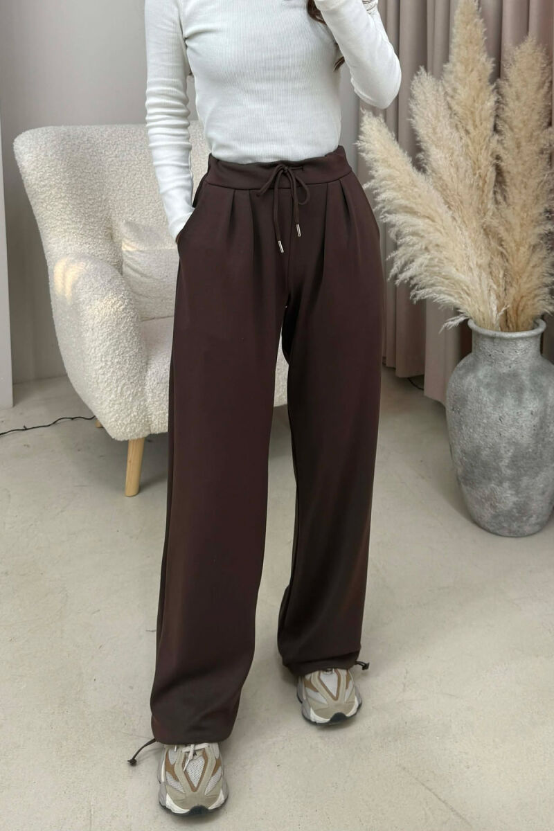 ONE COLOR ELASTIC WAIST LACINGS WOMEN SWEATPANTS BROWN/KAFE - 4