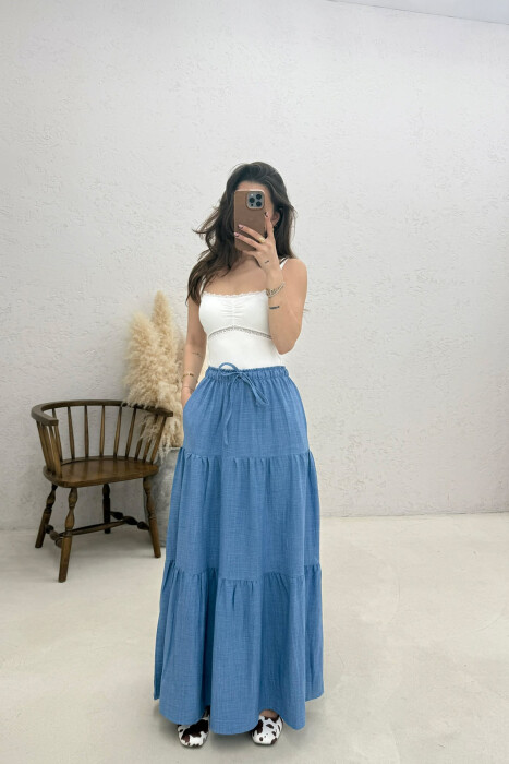 ONE COLOR ELASTIC WAIST LONG WOMAN SKIRT LIGHT BLUE-LIGHT BLUE/BZ-BZ 