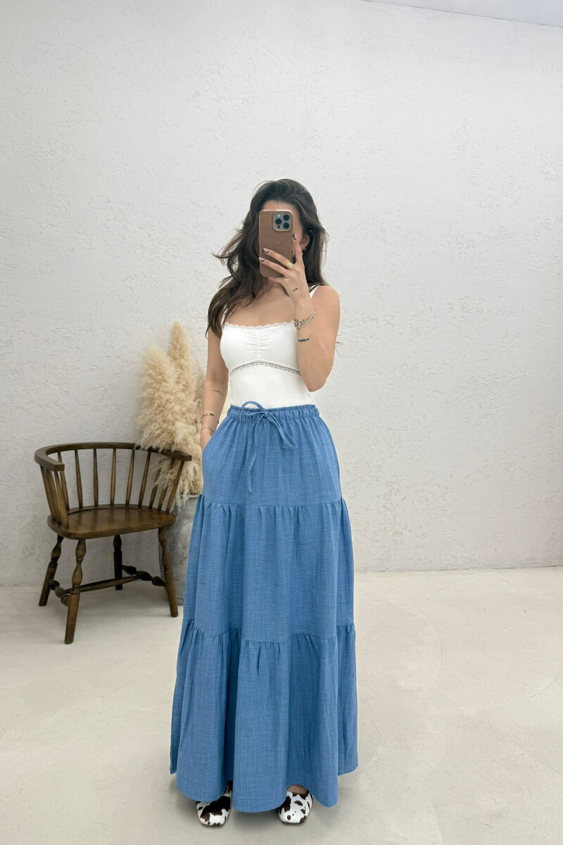 ONE COLOR ELASTIC WAIST LONG WOMAN SKIRT LIGHT BLUE-LIGHT BLUE/BZ-BZ - 1