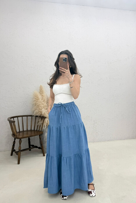 ONE COLOR ELASTIC WAIST LONG WOMAN SKIRT LIGHT BLUE-LIGHT BLUE/BZ-BZ - 2
