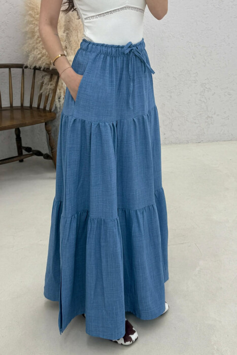 ONE COLOR ELASTIC WAIST LONG WOMAN SKIRT LIGHT BLUE-LIGHT BLUE/BZ-BZ - 3