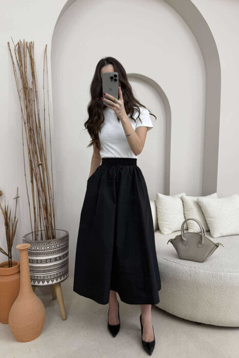 ONE COLOR ELASTIC WAIST LONG WOMEN SKIRT BLACK/ E ZEZE - 3