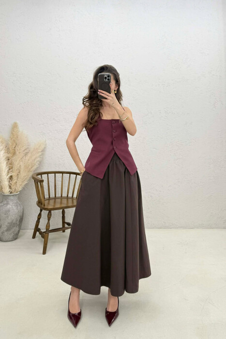 ONE COLOR ELASTIC WAIST LONG WOMEN SKIRT BROWN/KAFE - KLAUDIO FASHION