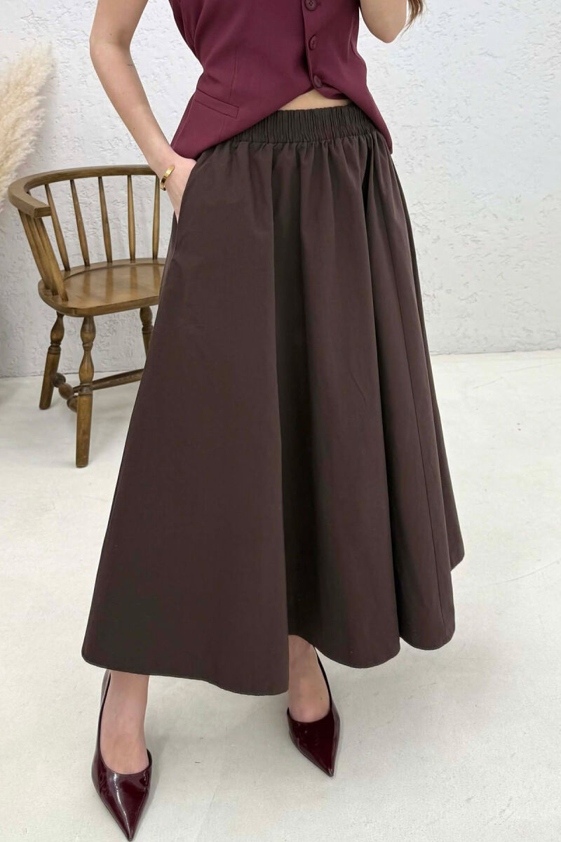 ONE COLOR ELASTIC WAIST LONG WOMEN SKIRT BROWN/KAFE - 3