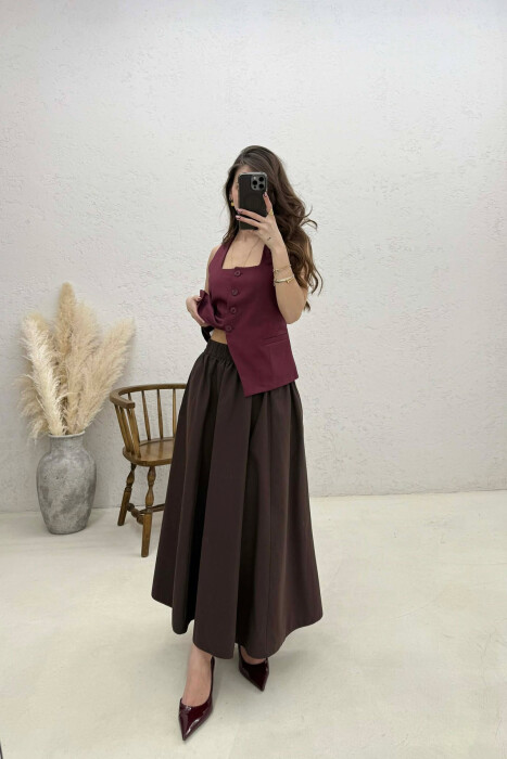ONE COLOR ELASTIC WAIST LONG WOMEN SKIRT BROWN/KAFE - 4