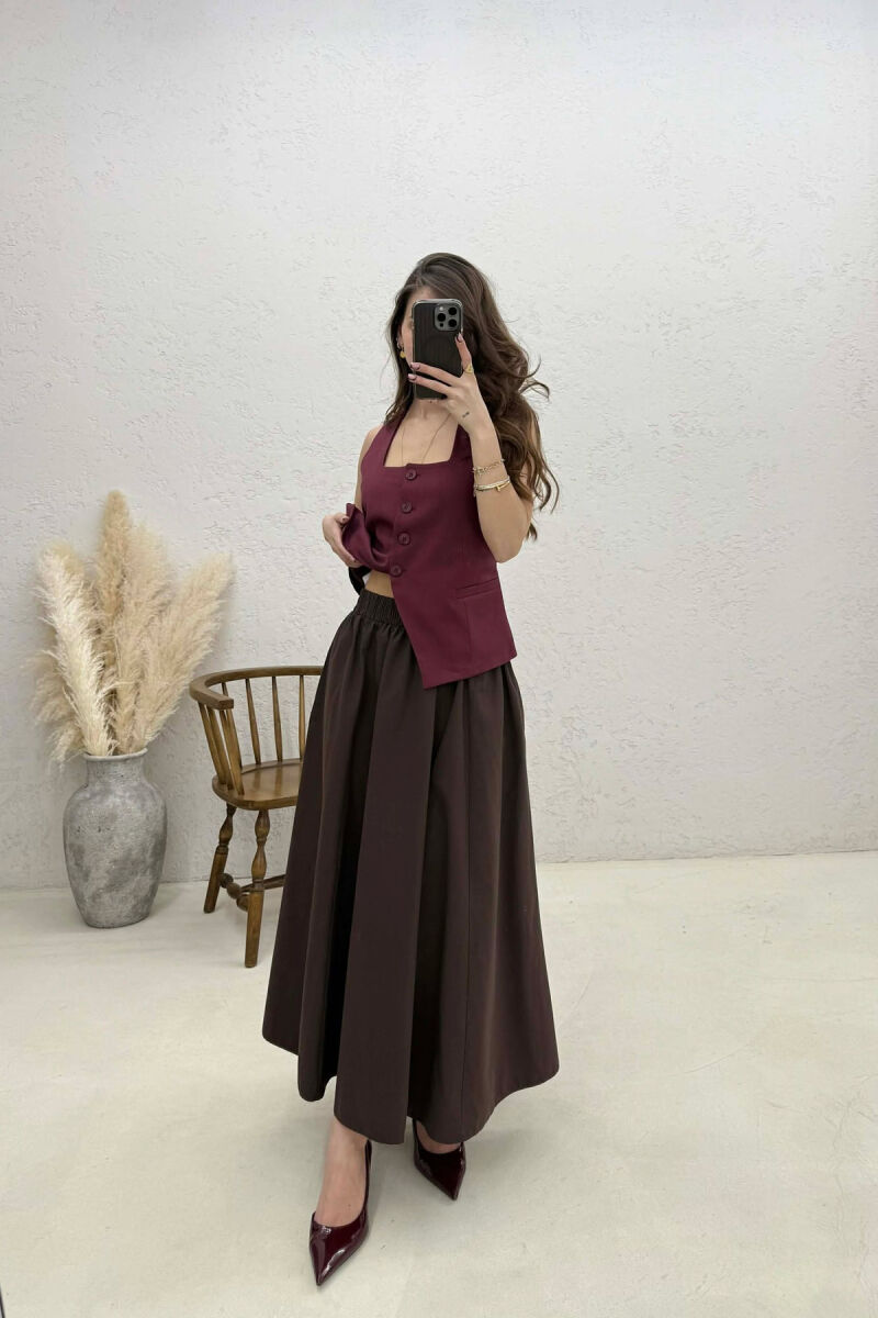 ONE COLOR ELASTIC WAIST LONG WOMEN SKIRT BROWN/KAFE - 4