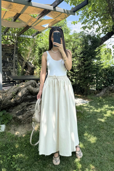 ONE COLOR ELASTIC WAIST LONG WOMEN SKIRT CREAM/KREM 