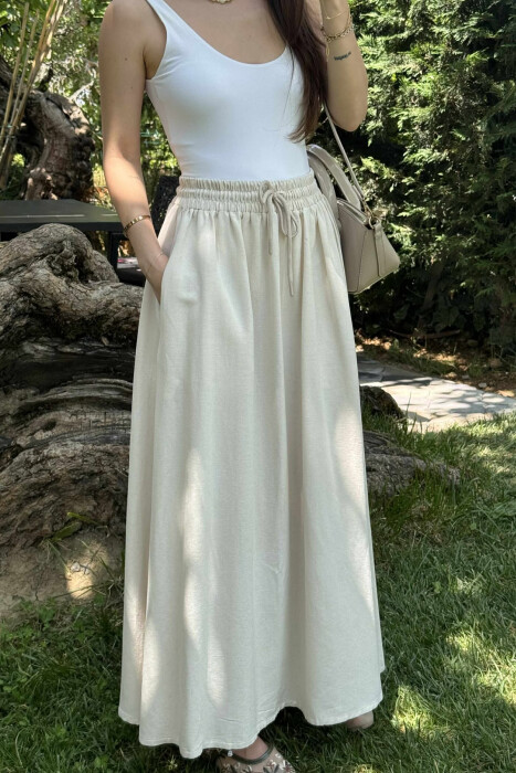 ONE COLOR ELASTIC WAIST LONG WOMEN SKIRT CREAM/KREM 
