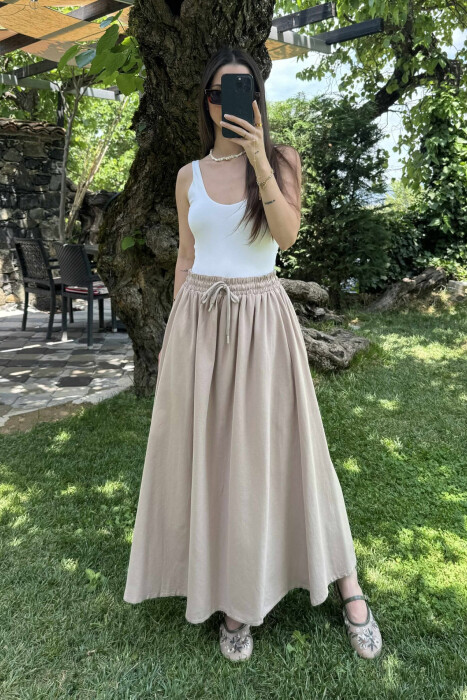 ONE COLOR ELASTIC WAIST LONG WOMEN SKIRT LIGHT BROWN/KAZB 