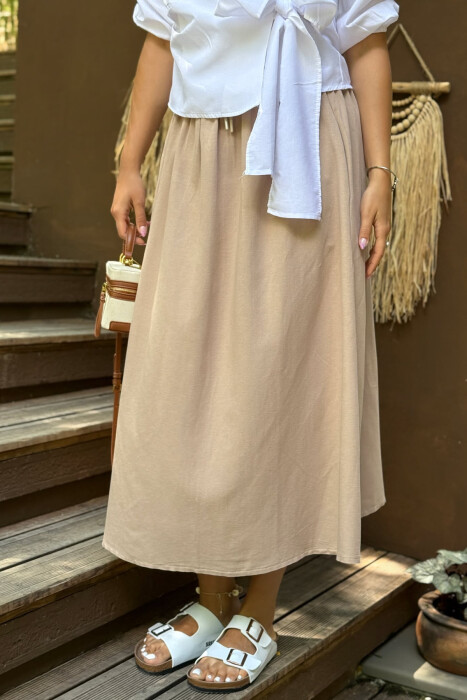 ONE COLOR ELASTIC WAIST LONG WOMEN SKIRT LIGHT BROWN/KAZB 
