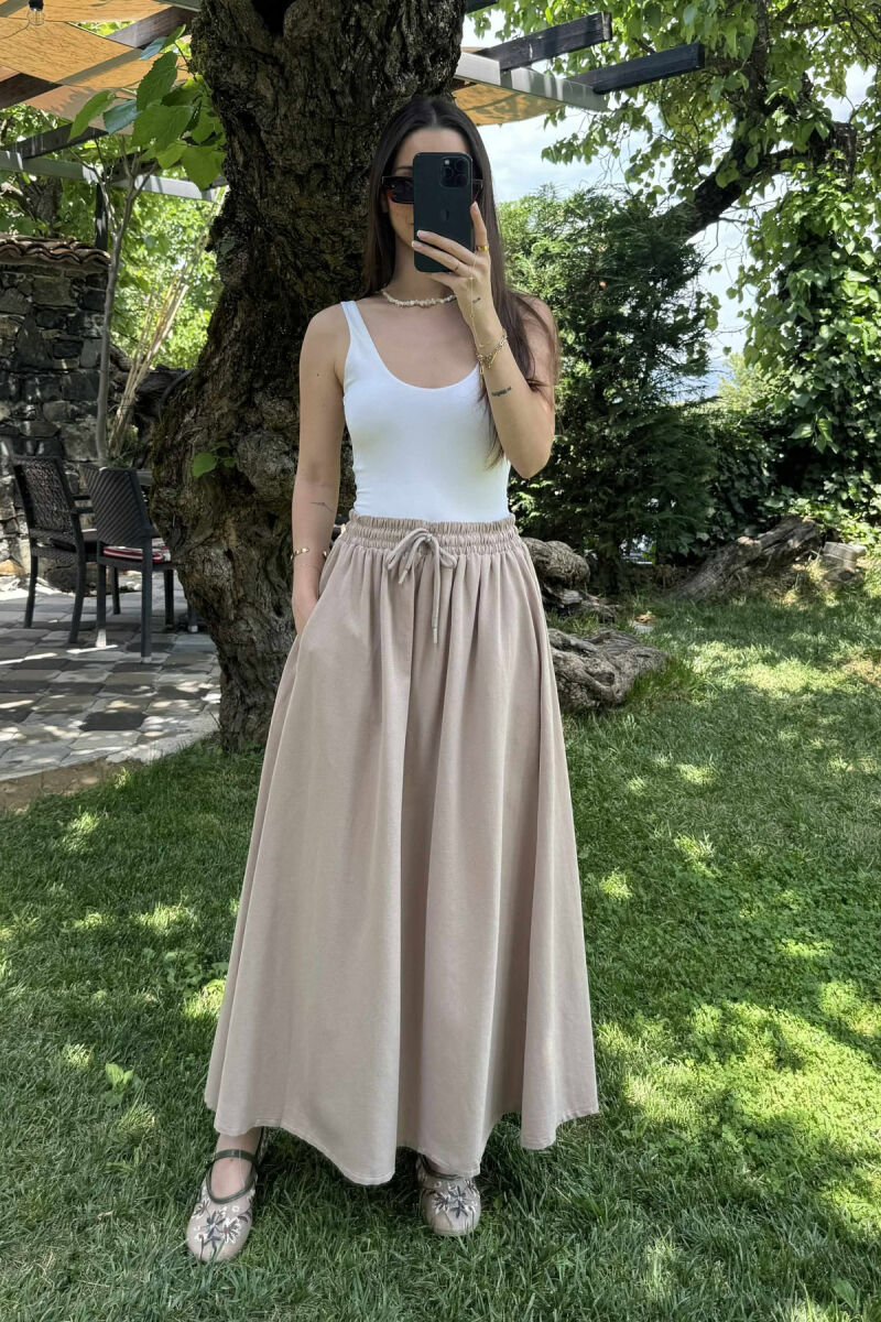 ONE COLOR ELASTIC WAIST LONG WOMEN SKIRT LIGHT BROWN/KAZB - 4