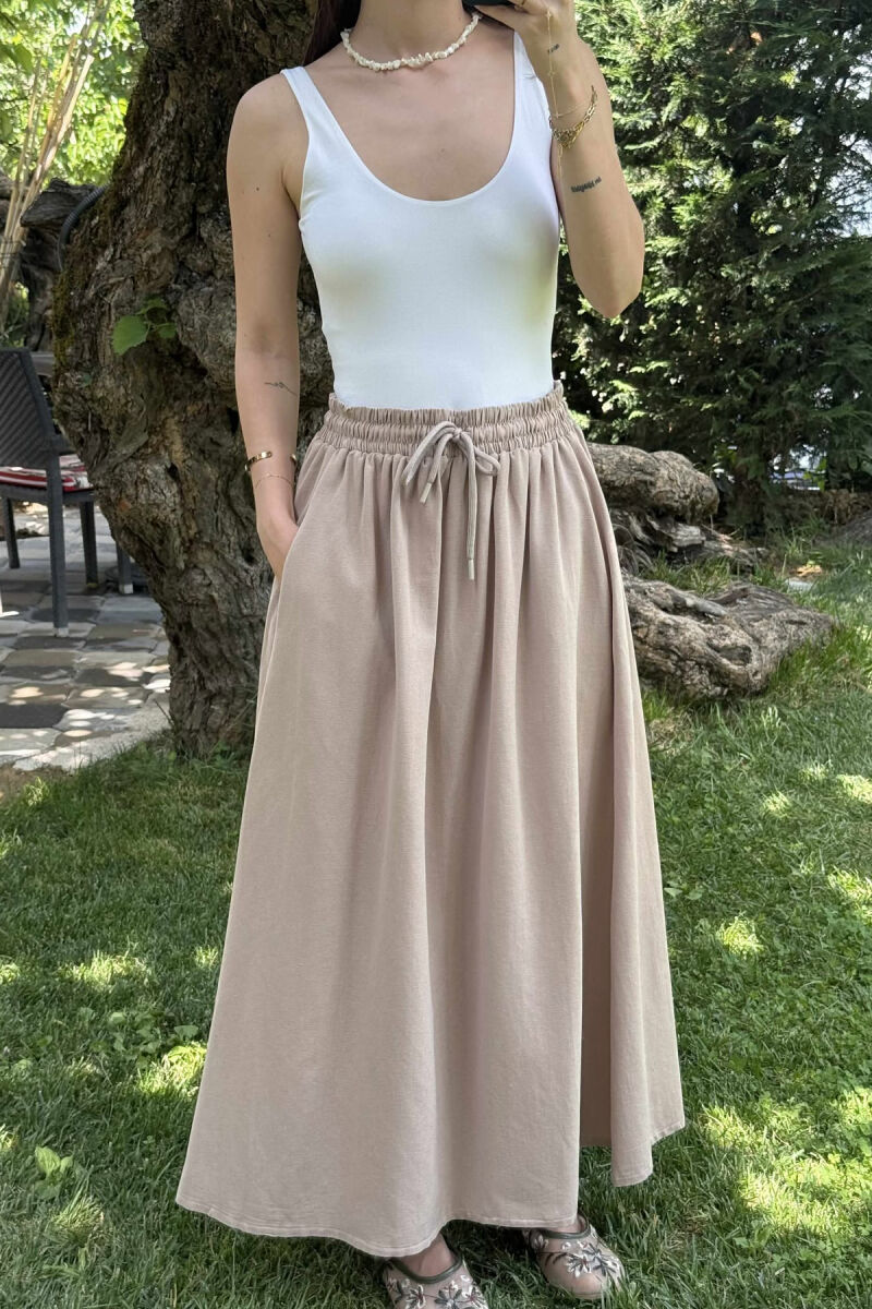 ONE COLOR ELASTIC WAIST LONG WOMEN SKIRT LIGHT BROWN/KAZB - 6