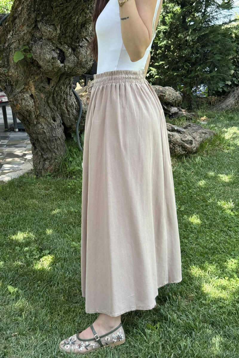 ONE COLOR ELASTIC WAIST LONG WOMEN SKIRT LIGHT BROWN/KAZB - 8