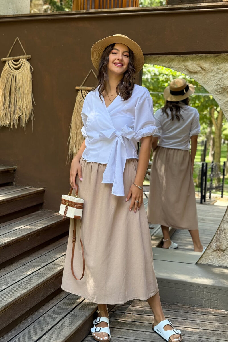 ONE COLOR ELASTIC WAIST LONG WOMEN SKIRT LIGHT BROWN/KAZB - 1