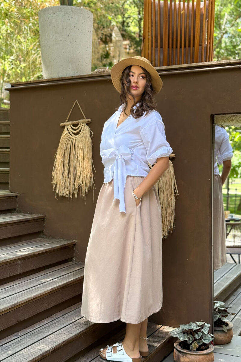ONE COLOR ELASTIC WAIST LONG WOMEN SKIRT LIGHT BROWN/KAZB - 3