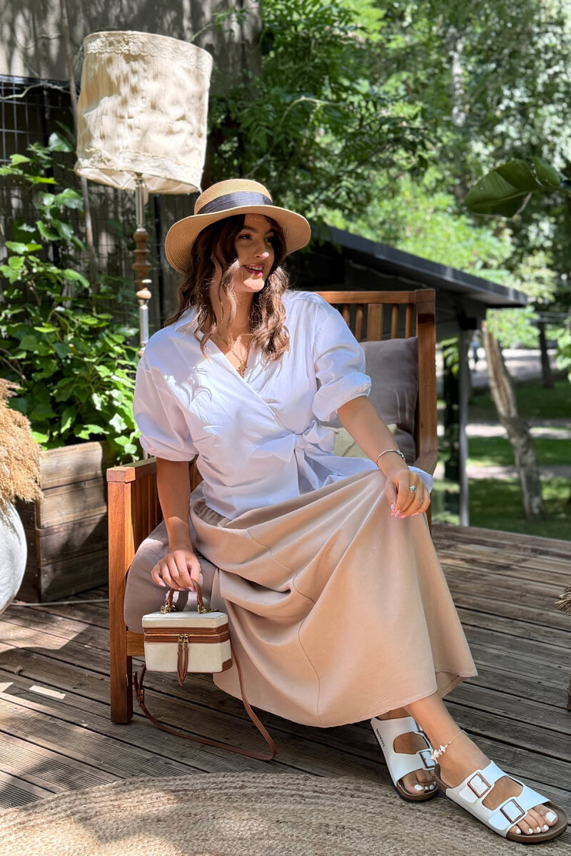 ONE COLOR ELASTIC WAIST LONG WOMEN SKIRT LIGHT BROWN/KAZB - 5