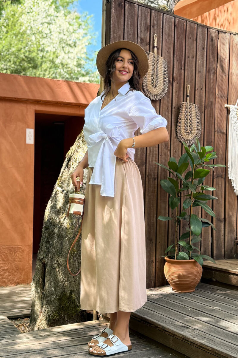 ONE COLOR ELASTIC WAIST LONG WOMEN SKIRT LIGHT BROWN/KAZB - 9