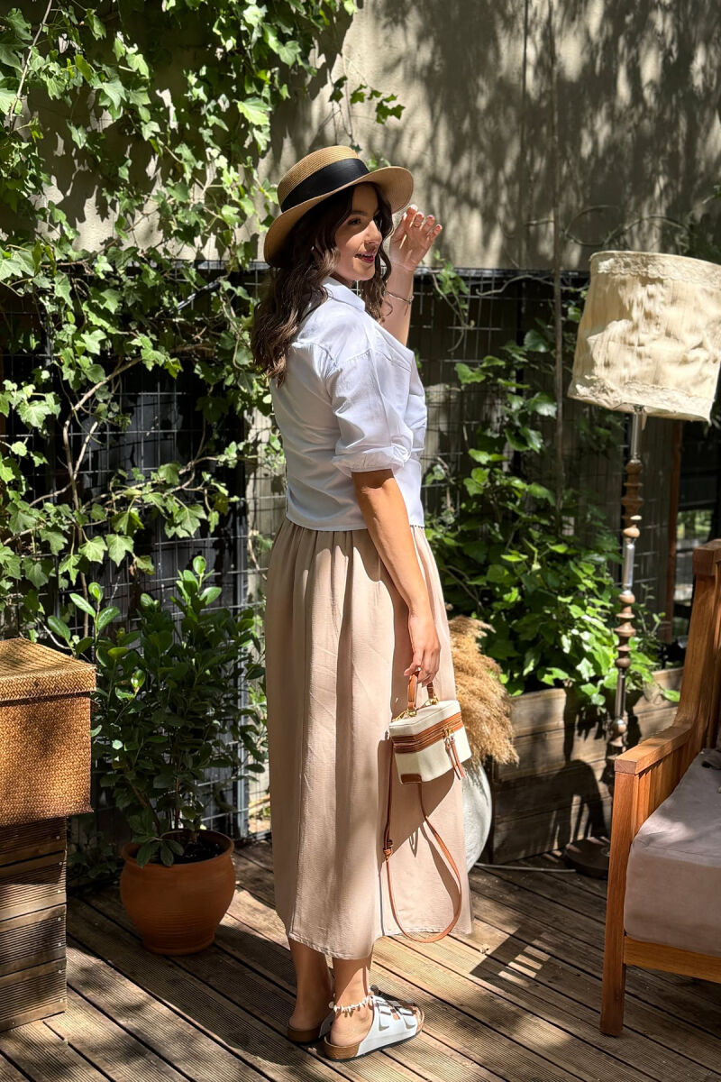 ONE COLOR ELASTIC WAIST LONG WOMEN SKIRT LIGHT BROWN/KAZB - 10