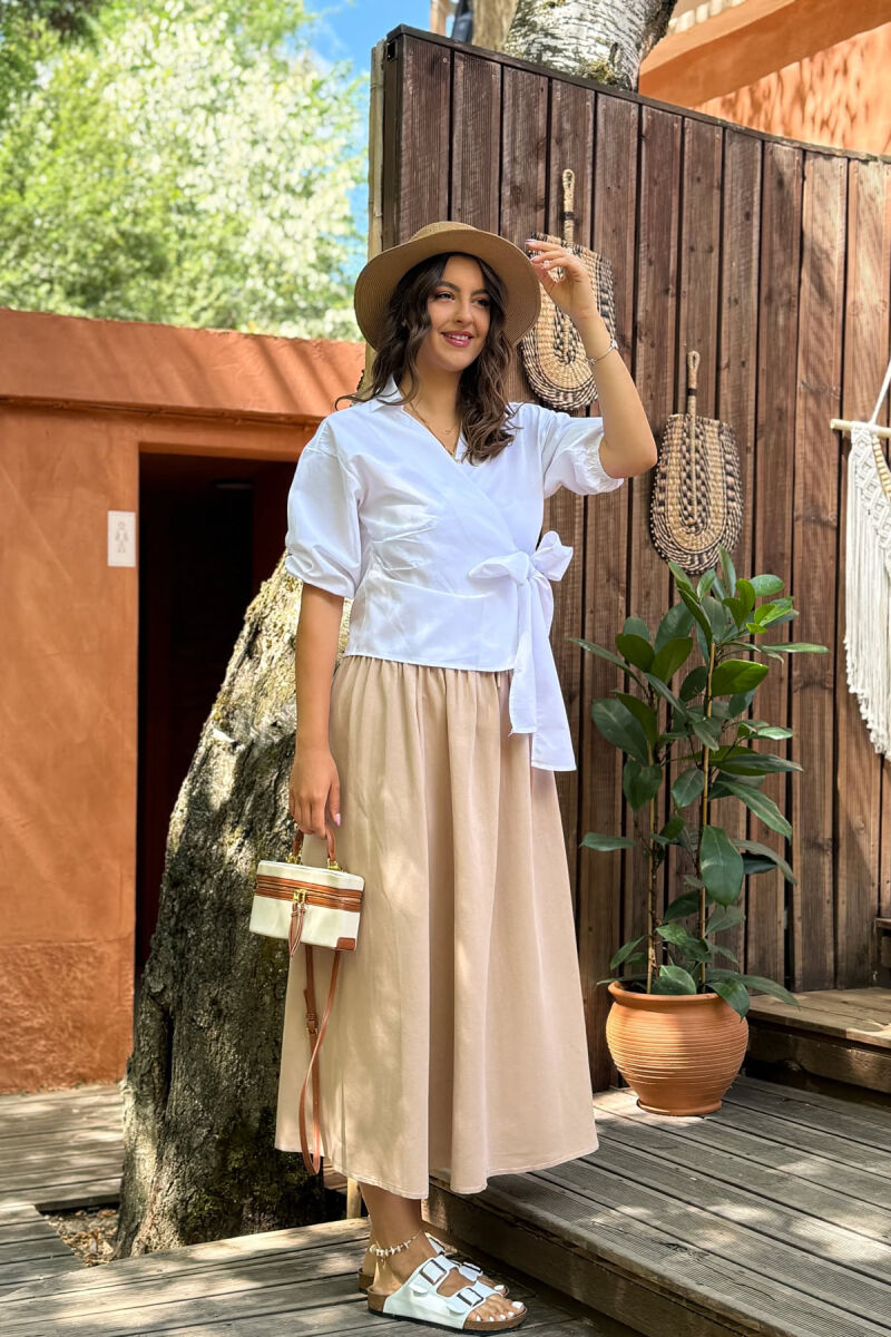 ONE COLOR ELASTIC WAIST LONG WOMEN SKIRT LIGHT BROWN/KAZB - 11