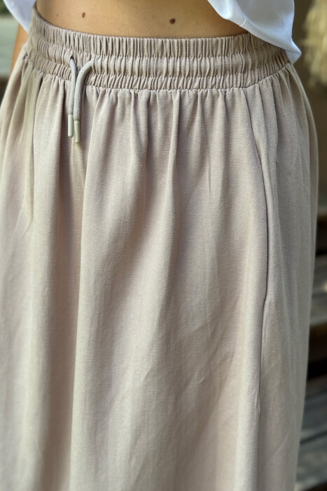 ONE COLOR ELASTIC WAIST LONG WOMEN SKIRT LIGHT BROWN/KAZB - 12