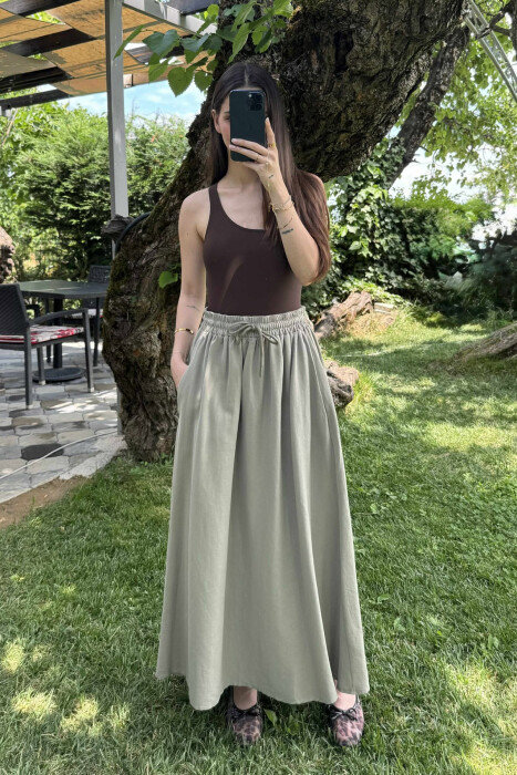 ONE COLOR ELASTIC WAIST LONG WOMEN SKIRT OLIVE/ULLI 