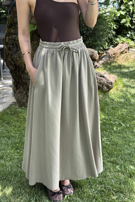 ONE COLOR ELASTIC WAIST LONG WOMEN SKIRT OLIVE/ULLI 