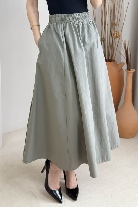 ONE COLOR ELASTIC WAIST LONG WOMEN SKIRT OLIVE/ULLI 