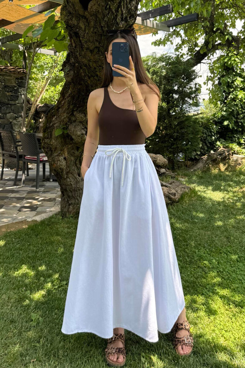 ONE COLOR ELASTIC WAIST LONG WOMEN SKIRT WHITE-E BARDHE - 1
