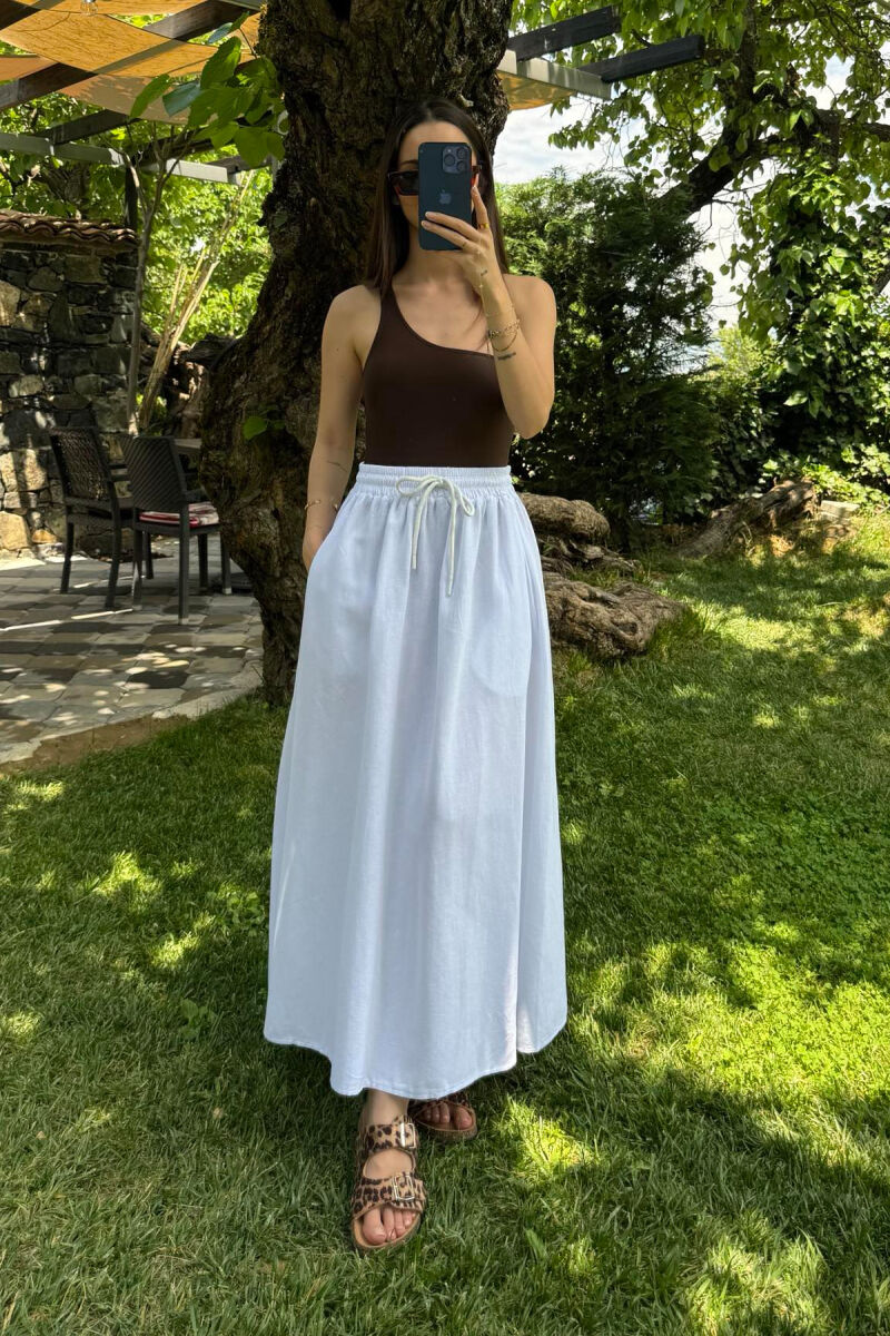 ONE COLOR ELASTIC WAIST LONG WOMEN SKIRT WHITE-E BARDHE - 2