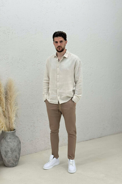 ONE COLOR ELASTIC WAIST MEN PANTS BROWN/KAFE - KLAUDIO FASHION