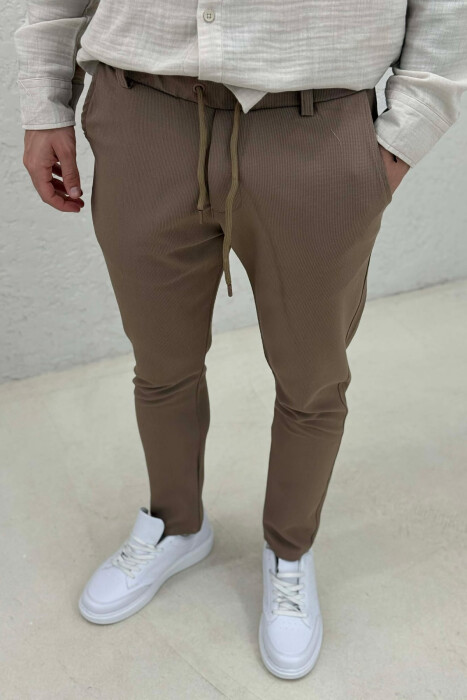 ONE COLOR ELASTIC WAIST MEN PANTS BROWN/KAFE - 3