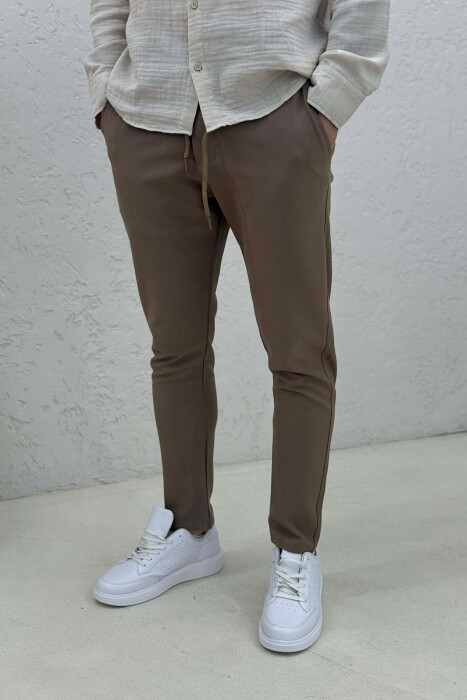 ONE COLOR ELASTIC WAIST MEN PANTS BROWN/KAFE - 4
