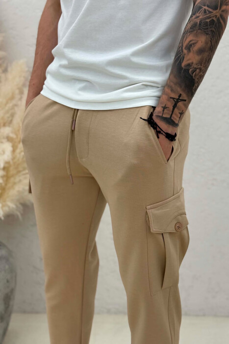 ONE COLOR ELASTIC WAIST SIDE POCKETS MEN SWEATPANTS LIGHT BROWN/KAZB - 2