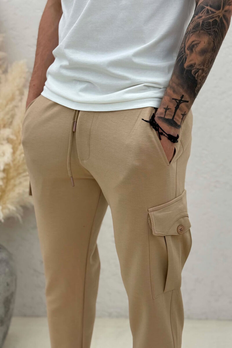ONE COLOR ELASTIC WAIST SIDE POCKETS MEN SWEATPANTS LIGHT BROWN/KAZB - 2