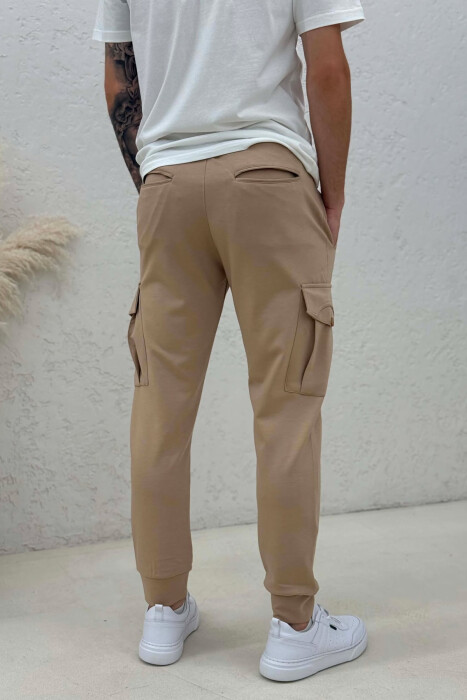 ONE COLOR ELASTIC WAIST SIDE POCKETS MEN SWEATPANTS LIGHT BROWN/KAZB - 3