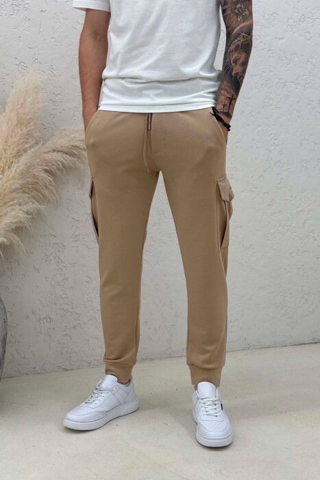 ONE COLOR ELASTIC WAIST SIDE POCKETS MEN SWEATPANTS LIGHT BROWN/KAZB - 4