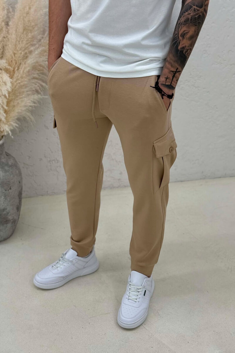 ONE COLOR ELASTIC WAIST SIDE POCKETS MEN SWEATPANTS LIGHT BROWN/KAZB - 5