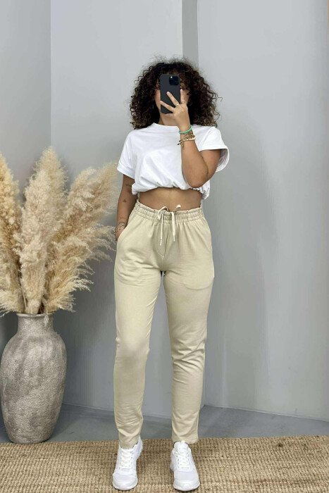 ONE COLOR ELASTIC WAIST SIMPLE WOMEN SWEATPANTS BEIGE/BEZHE - KLAUDIO FASHION