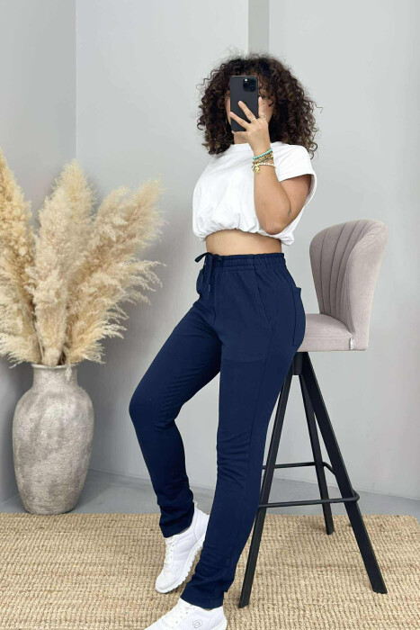 ONE COLOR ELASTIC WAIST SIMPLE WOMEN SWEATPANTS BLUE/BLU - 3